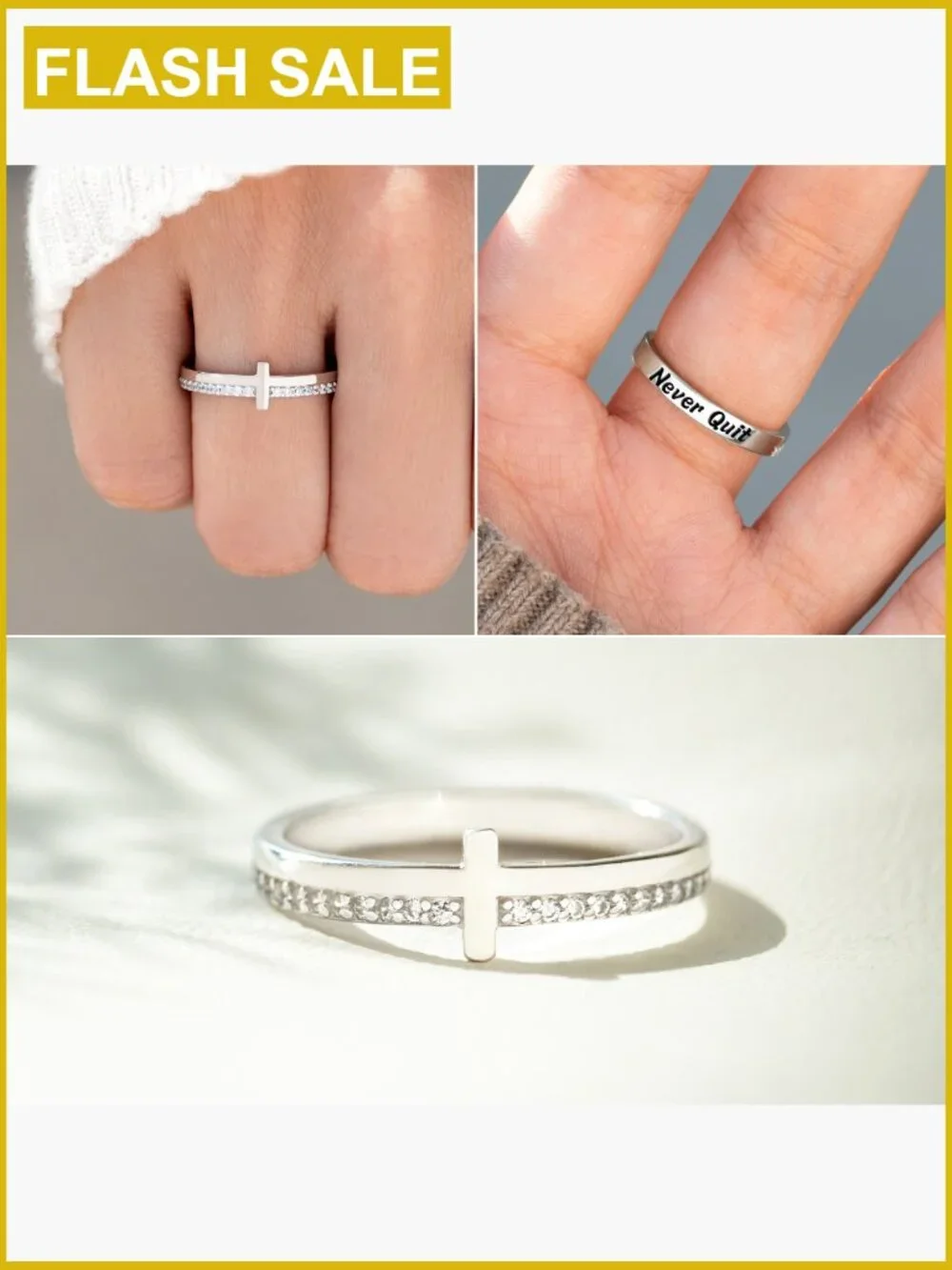 Women's 925 Sterling Silver Cross Ring Never Quit Engraved